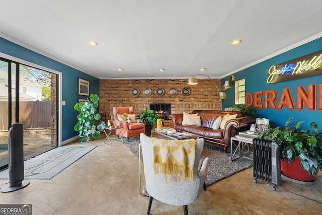 living area with recessed lighting, concrete flooring, and crown molding