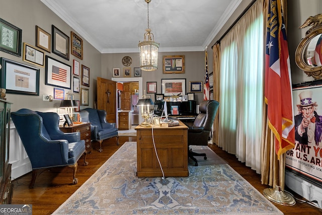 office area with ornamental molding, a chandelier, and wood finished floors