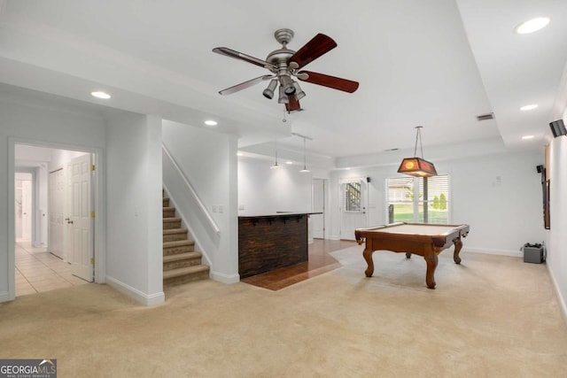 895 Ovalene Ln SW, Marietta, GA 30064 - recreation room with light colored carpet, recessed lighting, billiards, and a ceiling fan