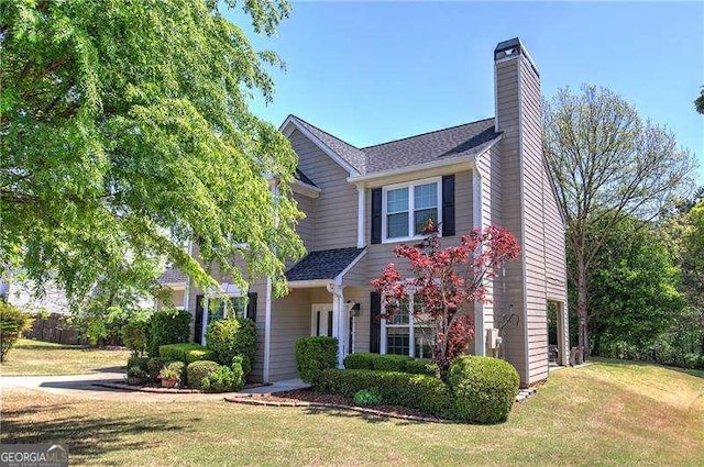 view of front of home with a front yard and a chimney
