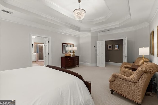 3749 Watkins Pl NE, Brookhaven, GA 30319 - bedroom with crown molding, light colored carpet, a chandelier, a raised ceiling, and ensuite bath