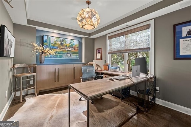 3749 Watkins Pl NE, Brookhaven, GA 30319 - office featuring wood finished floors, a tray ceiling, baseboards, and a chandelier
