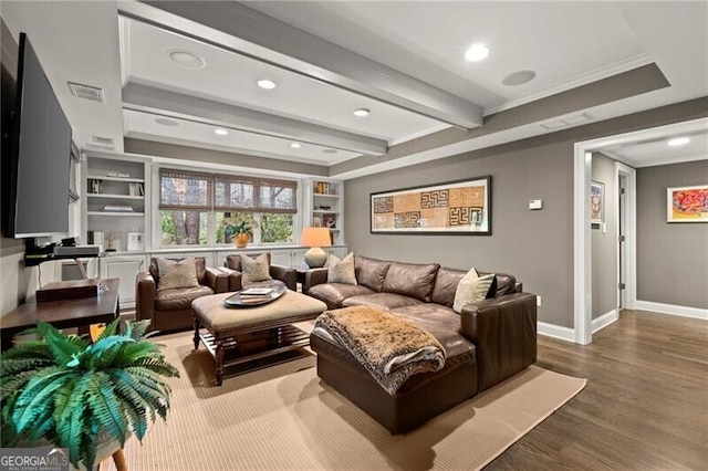 3749 Watkins Pl NE, Brookhaven, GA 30319 - living area featuring wood finished floors, baseboards, recessed lighting, ornamental molding, and beamed ceiling