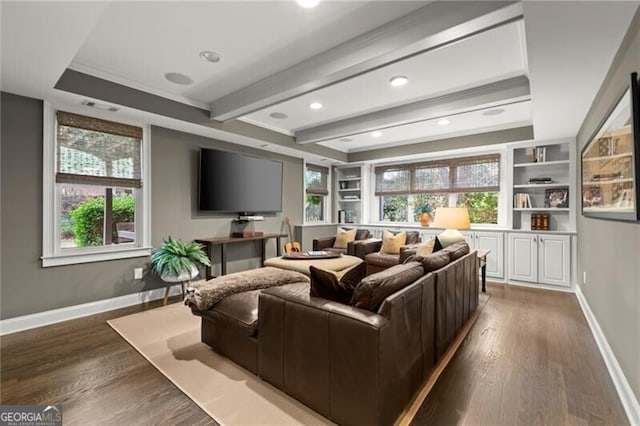 3749 Watkins Pl NE, Brookhaven, GA 30319 - cinema with baseboards, wood finished floors, beam ceiling, recessed lighting, and built in shelves