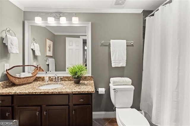 3749 Watkins Pl NE, Brookhaven, GA 30319 - full bathroom featuring vanity, ornamental molding, toilet, baseboards, and curtained shower