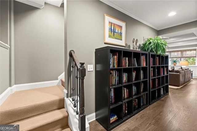 3749 Watkins Pl NE, Brookhaven, GA 30319 - living area featuring wood finished floors, ornamental molding, baseboards, recessed lighting, and stairs