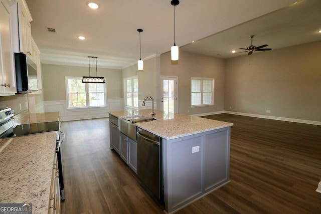 kitchen with gray cabinetry, dark wood-style floors, a sink, and appliances with stainless steel finishes
