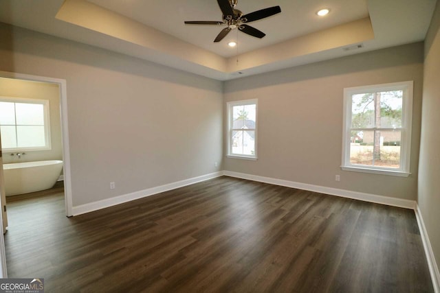 empty room with a tray ceiling, baseboards, and a healthy amount of sunlight