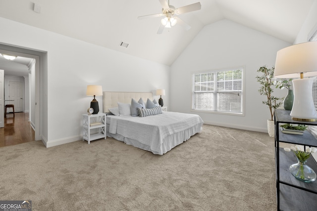 503 Madison Ct Unit 503, Smyrna, GA 30080 - bedroom featuring visible vents, baseboards, a ceiling fan, carpet floors, and vaulted ceiling