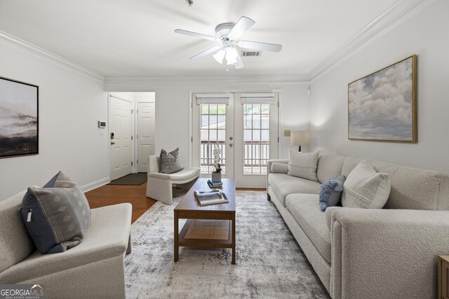 503 Madison Ct Unit 503, Smyrna, GA 30080 - living area featuring crown molding, a ceiling fan, visible vents, wood finished floors, and french doors