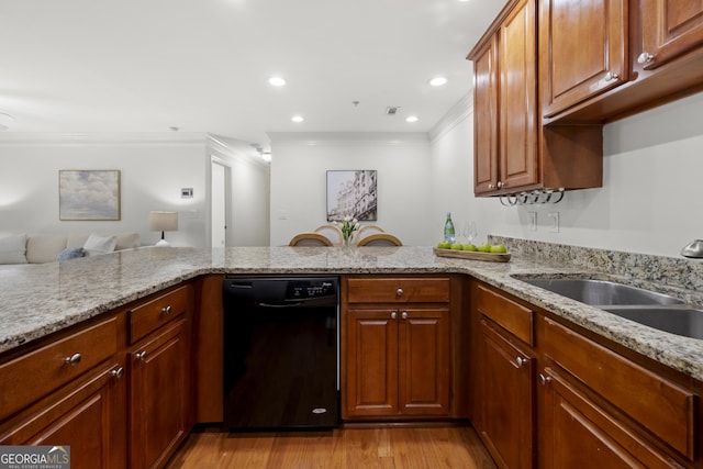 503 Madison Ct Unit 503, Smyrna, GA 30080 - kitchen featuring light wood-style flooring, ornamental molding, light stone counters, dishwasher, and a sink