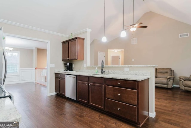 204 Arapahoe Ct, Villa Rica, GA 30180 - kitchen featuring dark wood finished floors, dishwasher, visible vents, a sink, and ceiling fan with notable chandelier