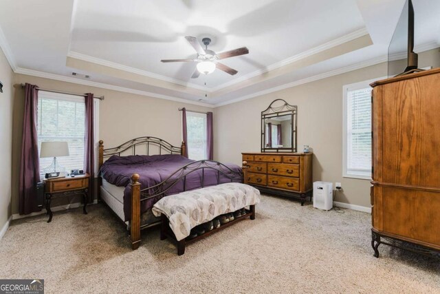 204 Arapahoe Ct, Villa Rica, GA 30180 - bedroom with light colored carpet, baseboards, multiple windows, and a tray ceiling