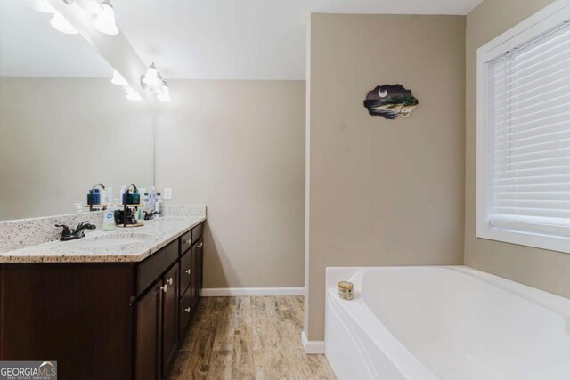204 Arapahoe Ct, Villa Rica, GA 30180 - full bath with wood finished floors, a healthy amount of sunlight, double vanity, a sink, and a bath
