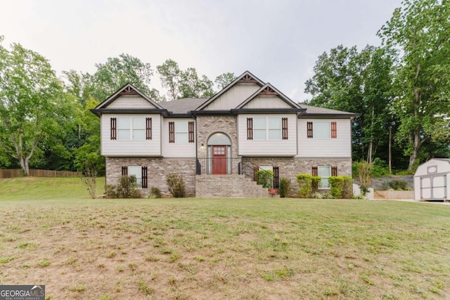 204 Arapahoe Ct, Villa Rica, GA 30180 - split foyer home featuring brick siding, an outbuilding, a shed, and a front yard
