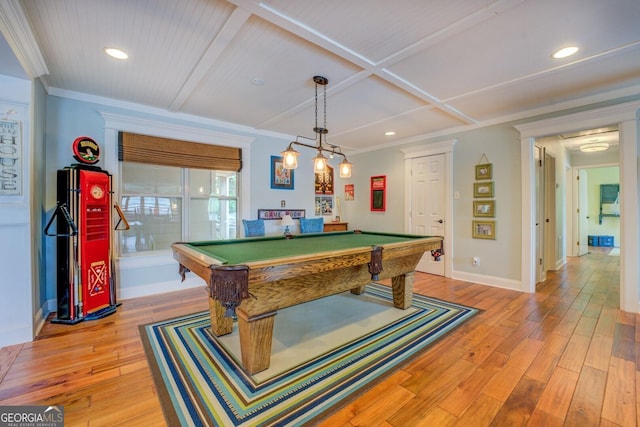 2 Blue Heron Dr, Monticello, GA 31064 - playroom featuring recessed lighting, pool table, light wood-style floors, and coffered ceiling