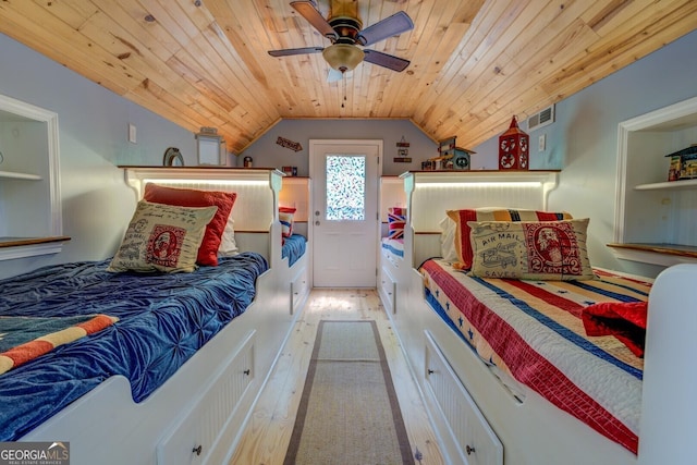 2 Blue Heron Dr, Monticello, GA 31064 - bedroom featuring a ceiling fan, vaulted ceiling, visible vents, wood ceiling, and wood finished floors
