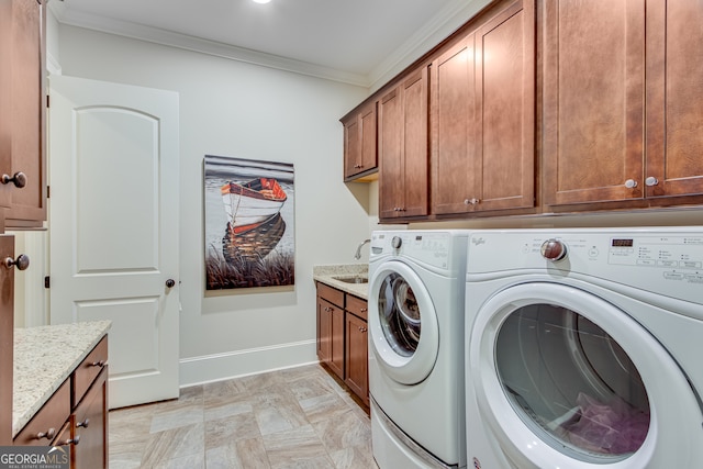 2616 Bent Pine Dr, Statham, GA 30666 - washroom featuring cabinet space, independent washer and dryer, and ornamental molding