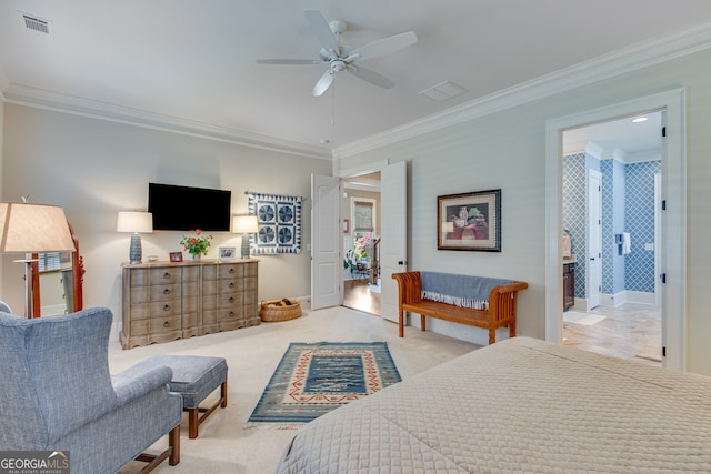 2616 Bent Pine Dr, Statham, GA 30666 - bedroom featuring ornamental molding, ensuite bathroom, a ceiling fan, and light colored carpet