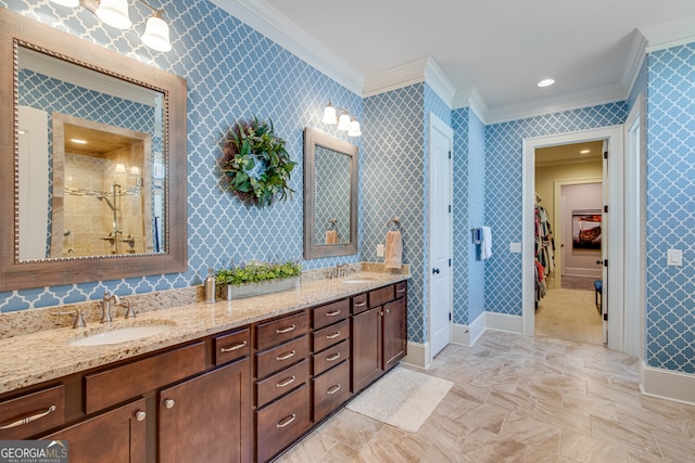 2616 Bent Pine Dr, Statham, GA 30666 - bathroom with ornamental molding, double vanity, a stall shower, and a spacious closet