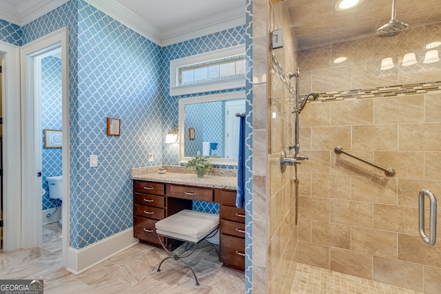 2616 Bent Pine Dr, Statham, GA 30666 - bathroom featuring crown molding, a stall shower, and vanity
