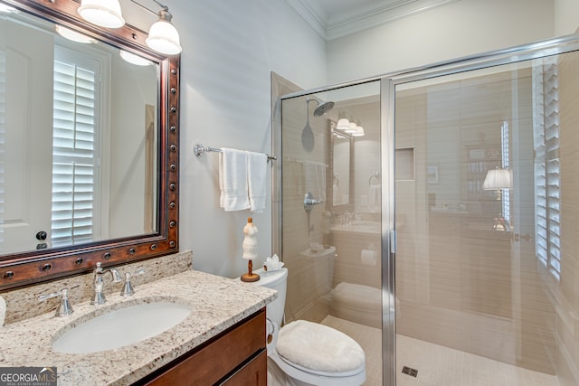 2616 Bent Pine Dr, Statham, GA 30666 - bathroom with ornamental molding, vanity, and a shower stall