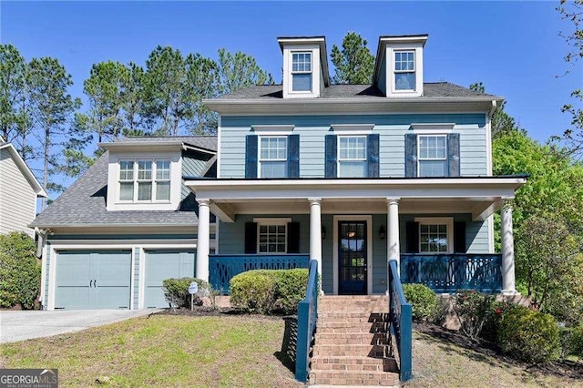 974 Regal Hills Ln, Mableton, GA 30126 - view of front of home featuring a garage, covered porch, driveway, and roof with shingles