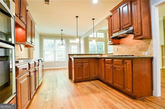 974 Regal Hills Ln, Mableton, GA 30126 - kitchen with baseboards, ornamental molding, light wood-type flooring, under cabinet range hood, and stainless steel appliances