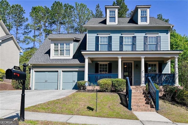 974 Regal Hills Ln, Mableton, GA 30126 - colonial inspired home featuring a porch, a garage, a front lawn, driveway, and roof with shingles