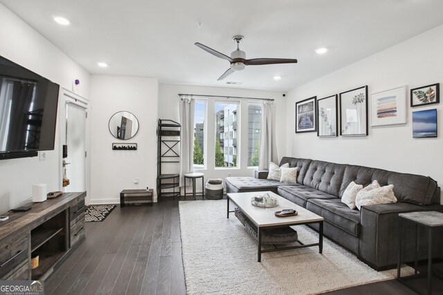 1050 Stacks Ave SE Unit 1507, Atlanta, GA 30315 - living area with ceiling fan, dark wood-style floors, recessed lighting, and baseboards