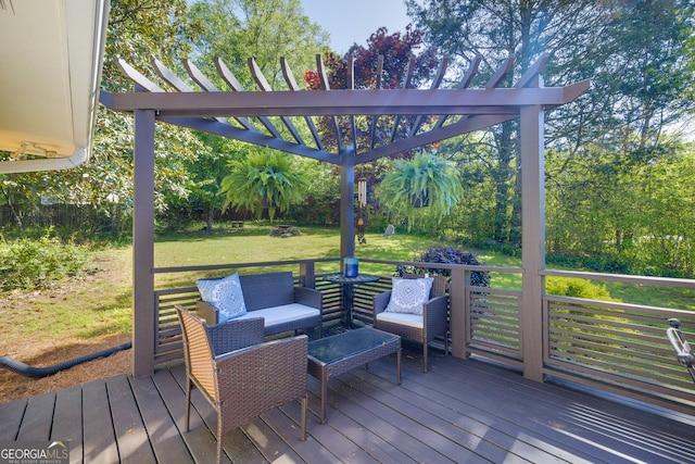 wooden deck with an outdoor living space, a lawn, and a pergola