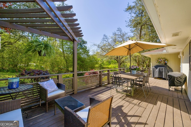 deck featuring area for grilling, a pergola, outdoor dining area, and visible vents