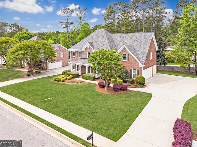 traditional home with a front yard, a garage, fence, concrete driveway, and brick siding