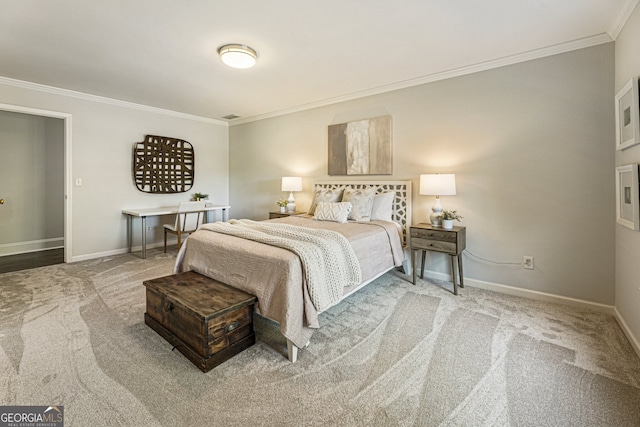 bedroom with crown molding, carpet floors, baseboards, and visible vents