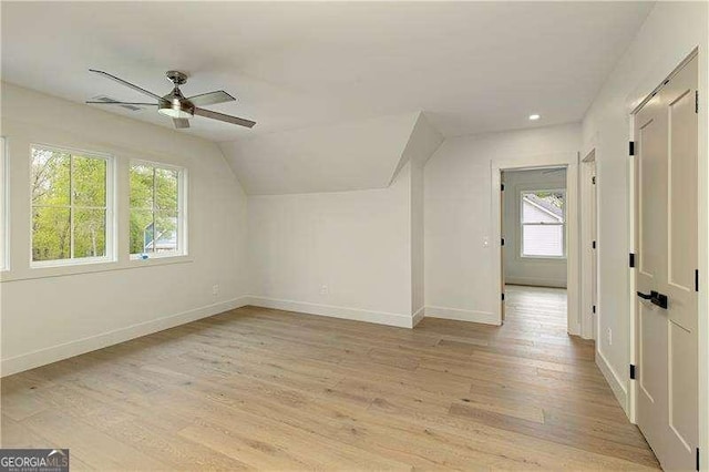 5535 Chestatee Landing Way, Gainesville, GA 30506 - bonus room with a ceiling fan, baseboards, light wood-type flooring, lofted ceiling, and recessed lighting