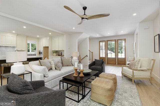 5535 Chestatee Landing Way, Gainesville, GA 30506 - living room with light wood-style flooring, a ceiling fan, recessed lighting, stairway, and baseboards