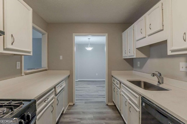 kitchen with light wood-type flooring, light countertops, black dishwasher, white cabinets, and a sink
