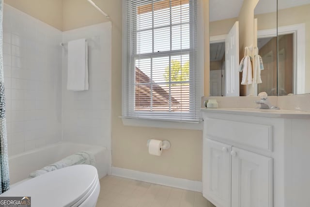 bathroom with vanity, tile patterned flooring, toilet, shower / tub combo, and baseboards