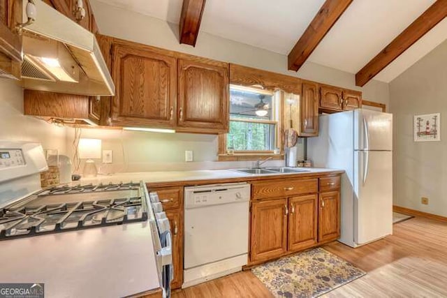 83 Smokey Creek Cv Tract B, Unit Tract B, Blairsville, GA 30512 - kitchen featuring white appliances, under cabinet range hood, a sink, brown cabinetry, and light wood-type flooring