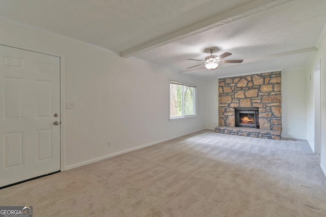 5350 Rockbridge Rd, Stone Mountain, GA 30088 - unfurnished living room with carpet floors, ceiling fan, beam ceiling, and baseboards