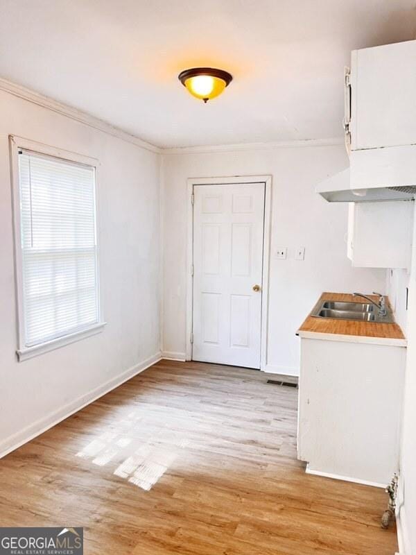 unfurnished dining area with light wood finished floors, baseboards, a sink, and crown molding