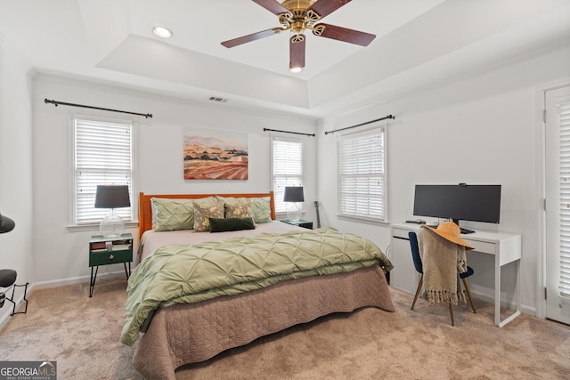 carpeted bedroom featuring visible vents, baseboards, and a raised ceiling