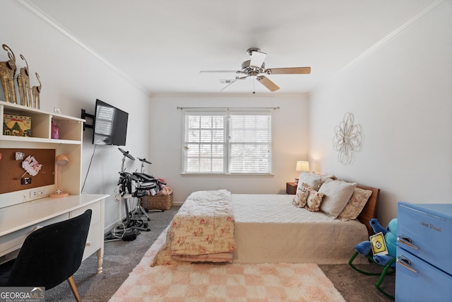 carpeted bedroom featuring crown molding and a ceiling fan