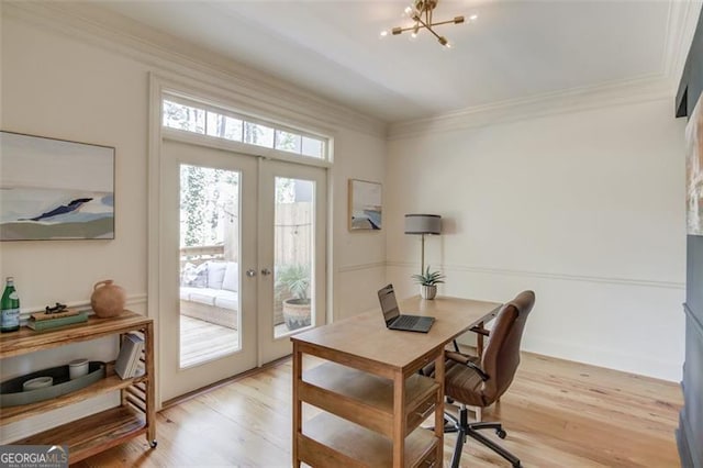 1038 Huntcliff, Atlanta, GA 30350 - office with light wood-style floors, french doors, a notable chandelier, and ornamental molding