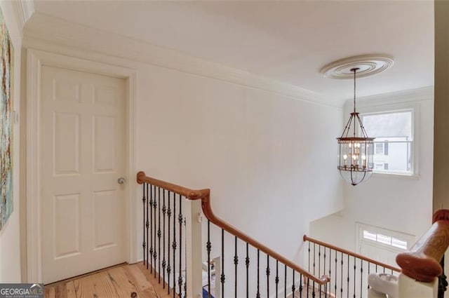 1038 Huntcliff, Atlanta, GA 30350 - corridor with a chandelier, light wood-type flooring, crown molding, and an upstairs landing