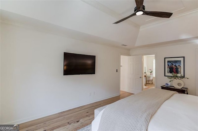 1038 Huntcliff, Atlanta, GA 30350 - bedroom with baseboards, ceiling fan, light wood-type flooring, crown molding, and ensuite bath