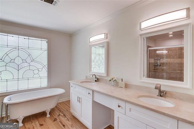 1038 Huntcliff, Atlanta, GA 30350 - bathroom with double vanity, visible vents, a sink, and ornamental molding