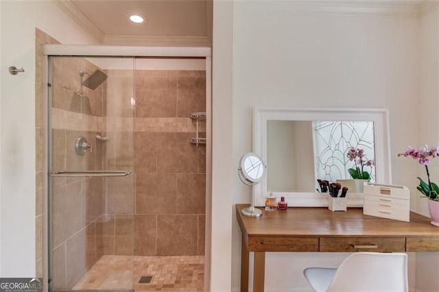 1038 Huntcliff, Atlanta, GA 30350 - bathroom with crown molding, a shower stall, and recessed lighting