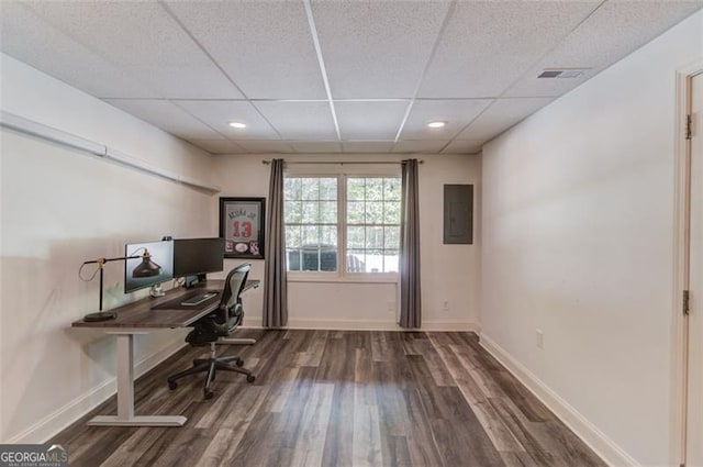 1038 Huntcliff, Atlanta, GA 30350 - office space with baseboards, a drop ceiling, wood finished floors, and electric panel