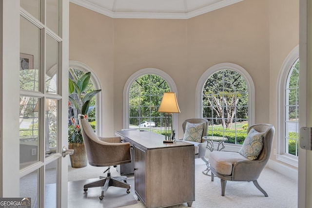 carpeted home office featuring a towering ceiling, ornamental molding, and plenty of natural light
